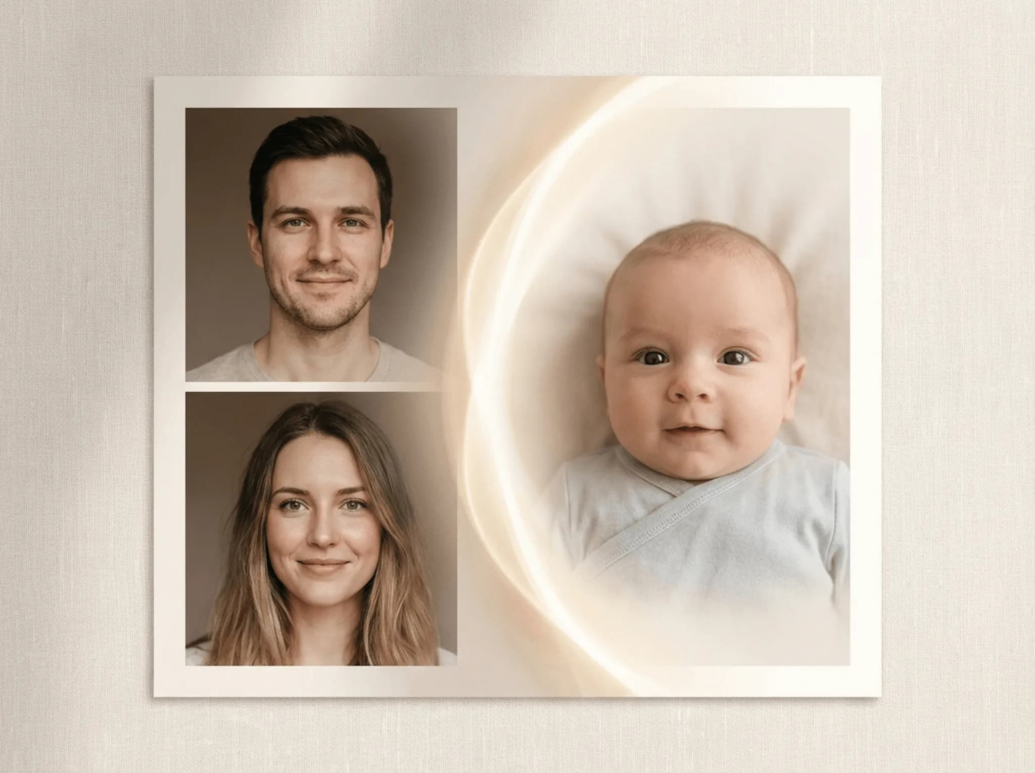 AI Baby Generator interface showing a realistic future baby prediction from parent photos