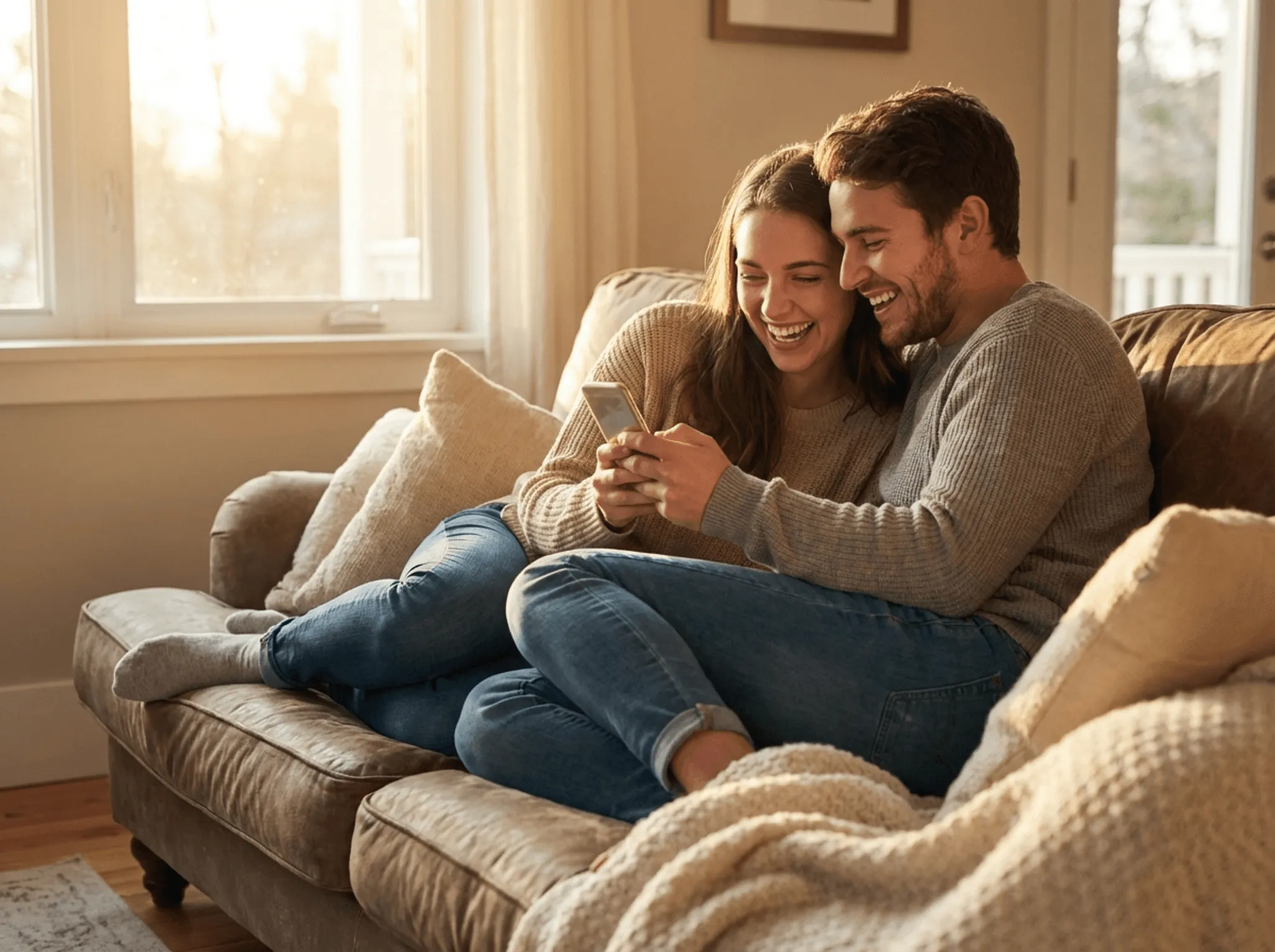 Happy couple using AI baby generator to see their future child