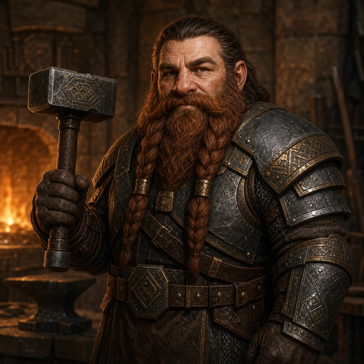 D&D dwarf portrait demonstrating a compact silhouette, readable face, braided beard, crafted armor, and one hammer