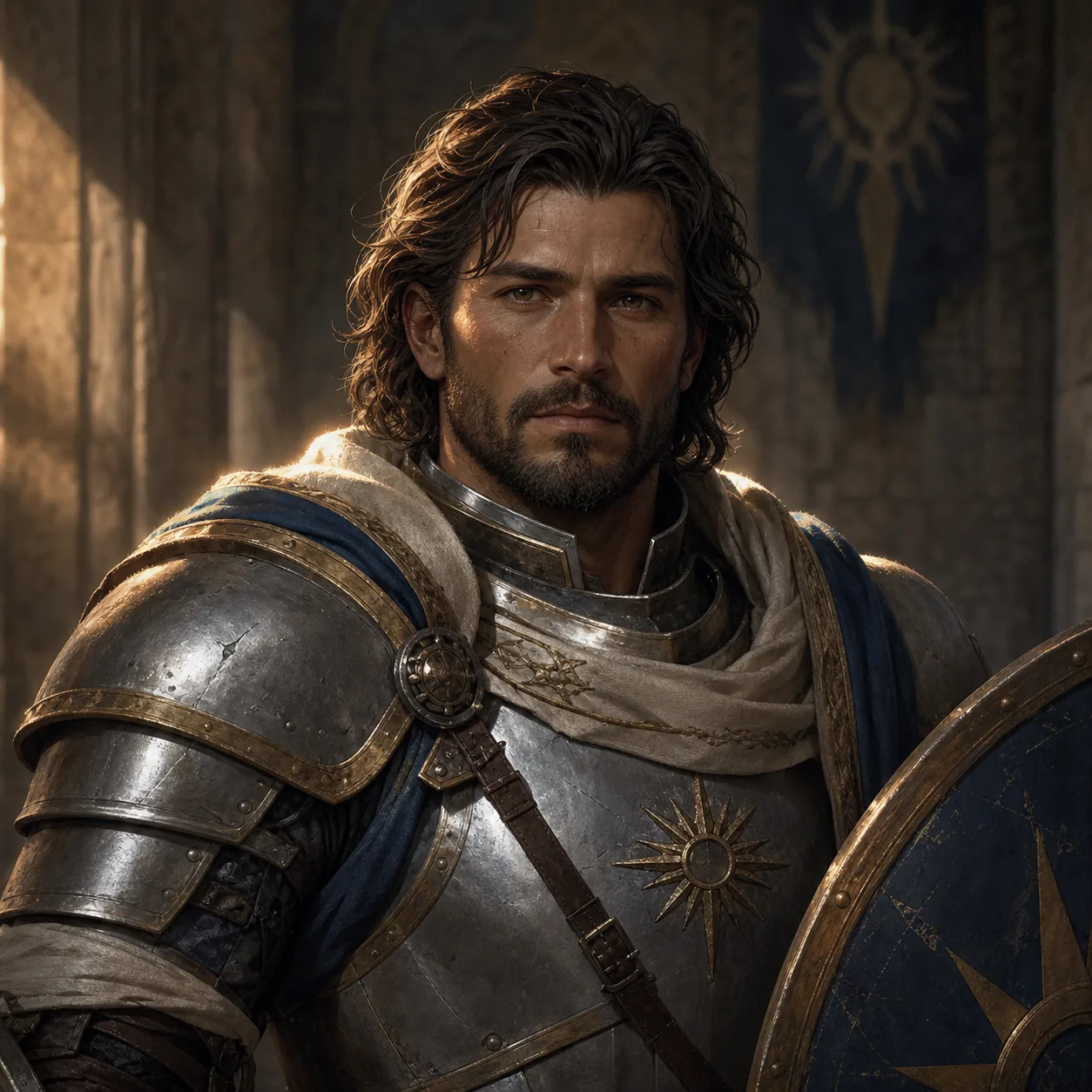 D&D paladin character design with a calm expression, readable plate armor, blue shield, personal sunburst-like emblem, and controlled golden light
