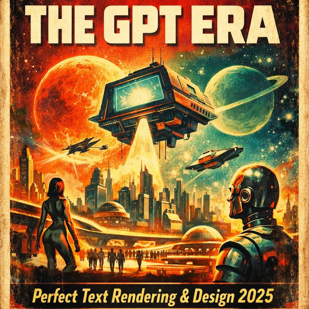 Retro-futuristic movie poster design featuring flawless typography 'THE GPT ERA' generated by GPT-Image 1.5
