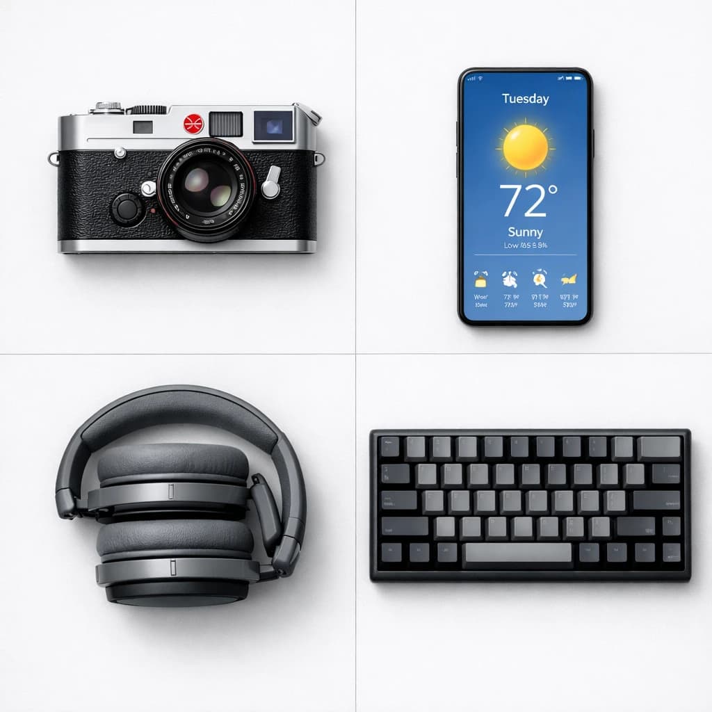 Precise knolling photography of tech gadgets arranged in a perfect grid, demonstrating AI layout control
