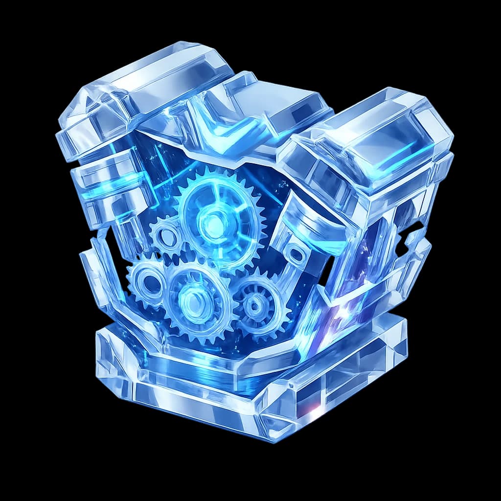 Futuristic 3D glass engine icon with native transparent background created by OpenAI GPT-Image 1.5