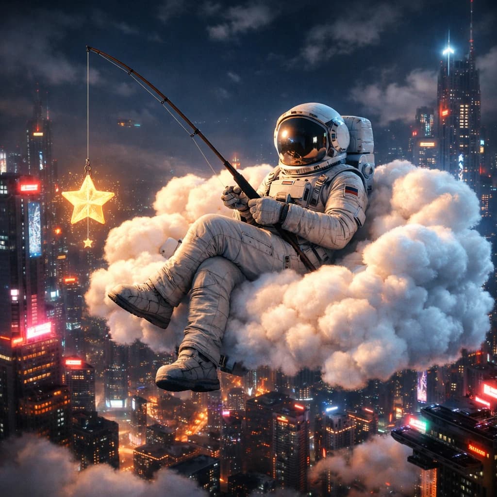 Surreal AI art of an astronaut sitting on a cloud sofa over a cyberpunk city, showcasing high instruction adherence