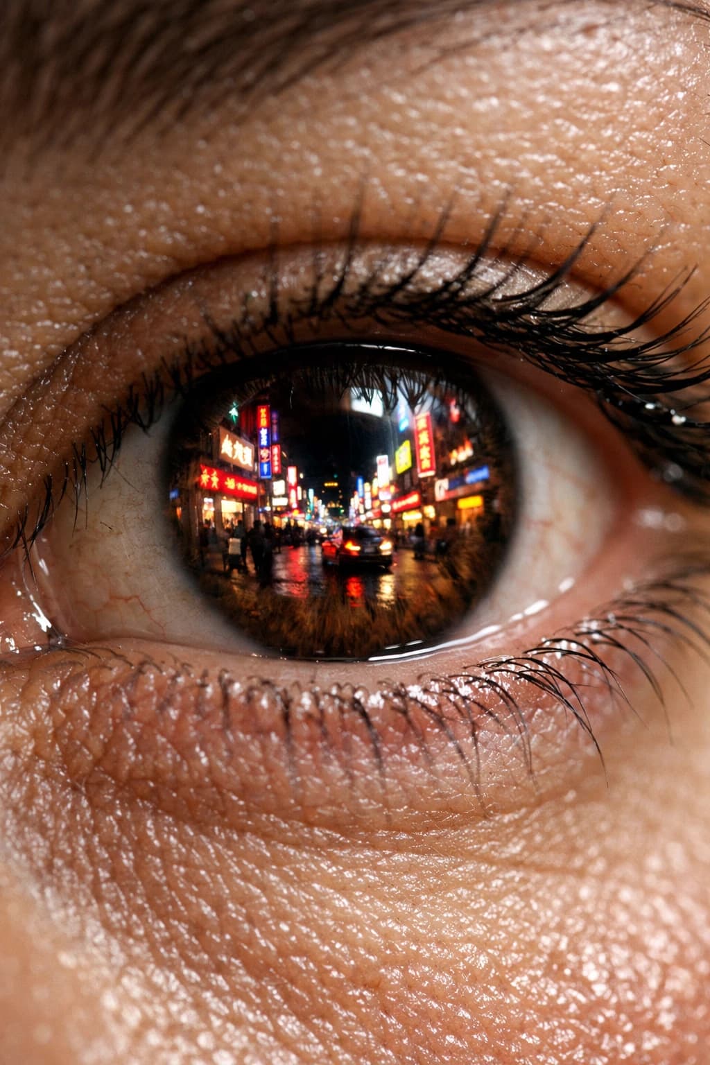Hyper-realistic macro closeup of a human eye with intricate skin texture and lighting details generated by AI