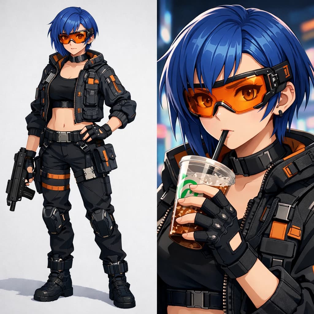 Anime character design sheet showing consistent facial features and clothing across different poses using GPT-Image 1.5