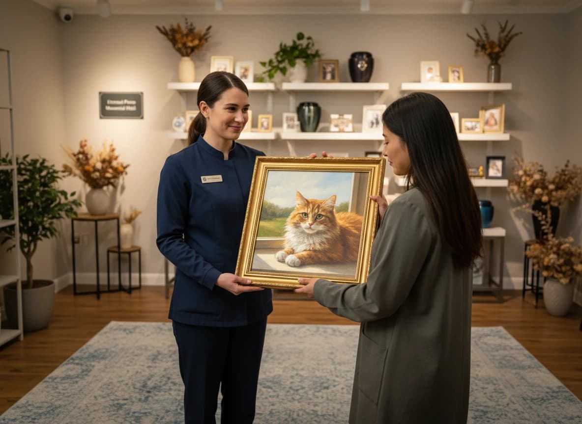 Pet memorial corner featuring framed oil painting