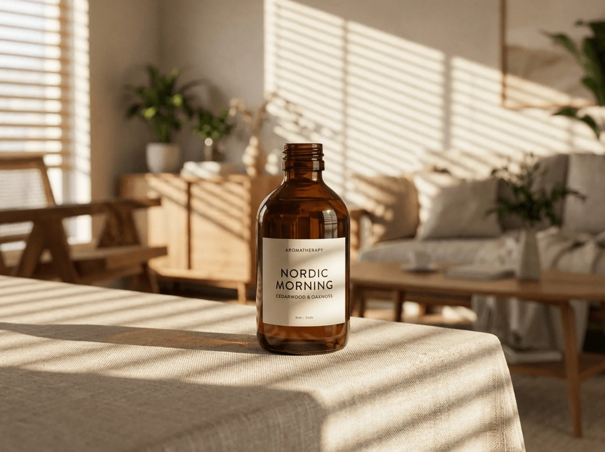 Studio-quality AI product image of a brown glass aromatherapy bottle in a sunlit Nordic living room setting.