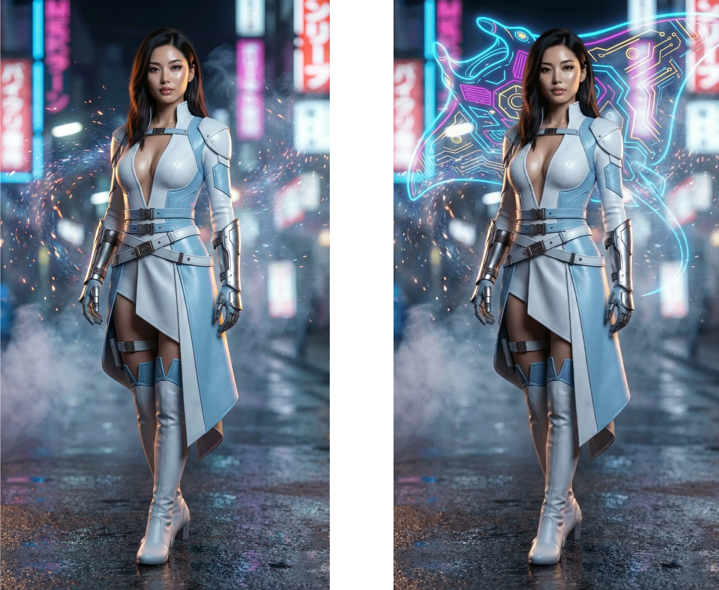 AI cyberpunk graffiti effect adding neon illustrated wings and energy lines behind a woman in futuristic armor, enhancing the background while keeping her realistic
