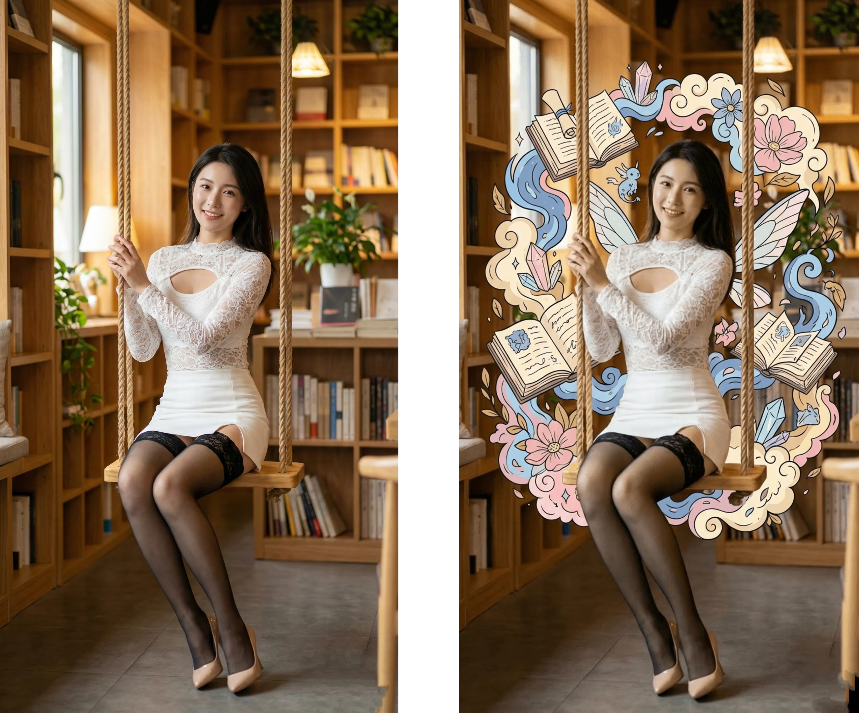 AI 2D outfit transformation turning a woman's clothing into comic-style illustration while preserving her real face and body