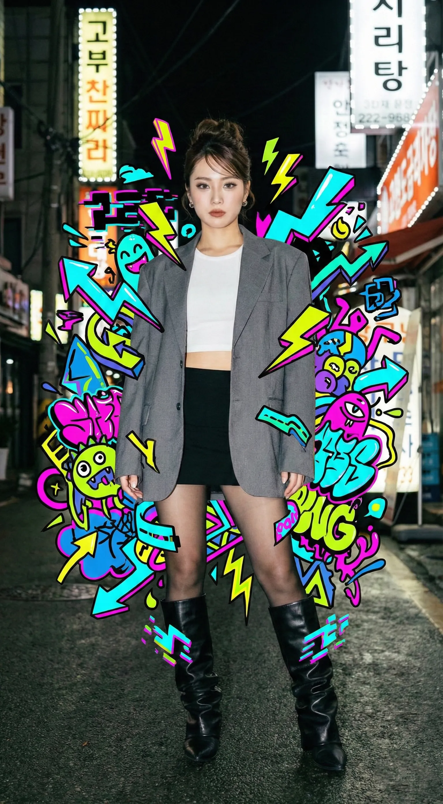 AI graffiti aura effect applied to a portrait, showing colorful doodles and bold street-art elements surrounding the real person while keeping the face photorealistic