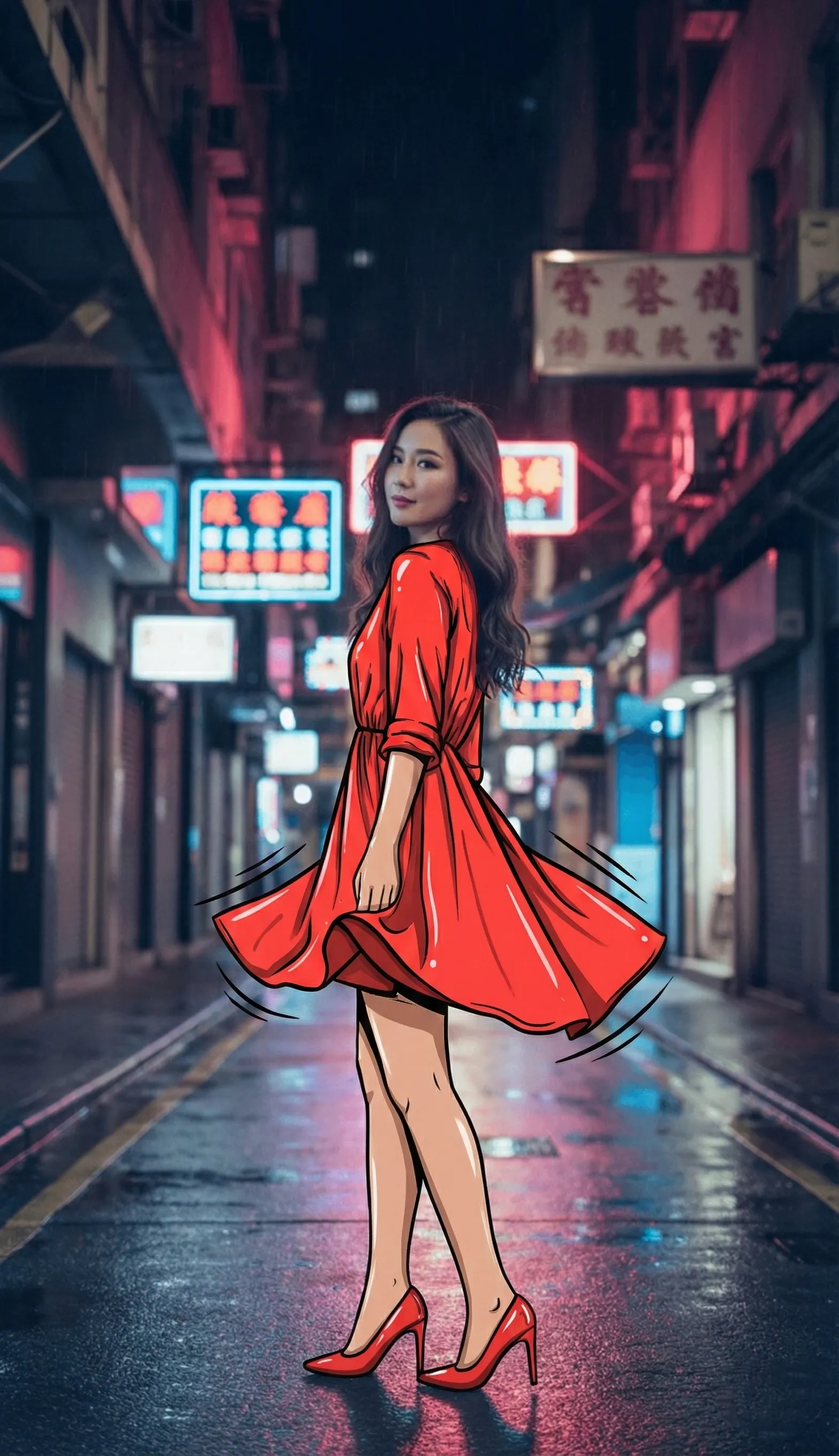 AI 2D outfit transformation turning the clothing into vector-style illustration while keeping the personās face and skin fully realistic