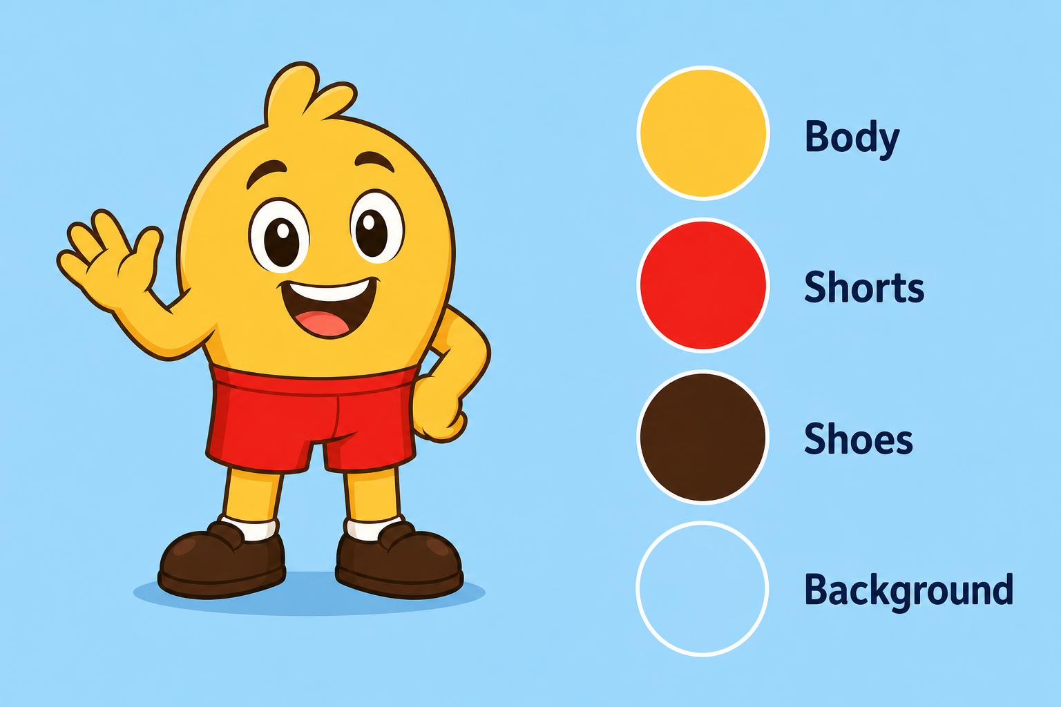 A simple cartoon character palette reference with four labeled swatches