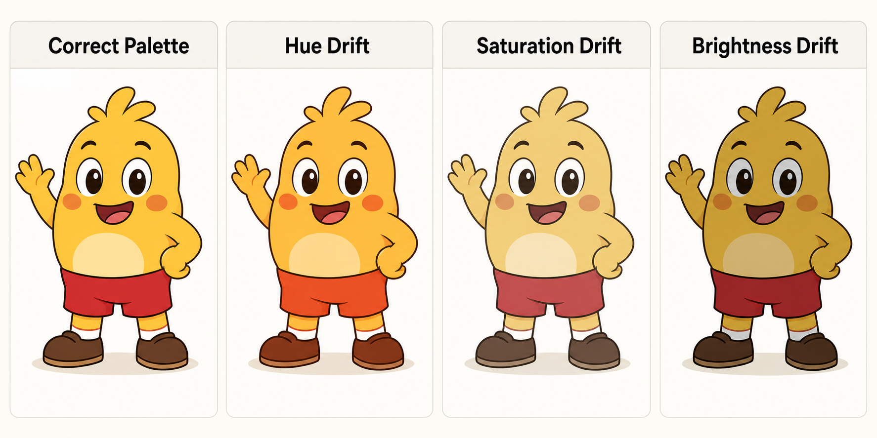 A side-by-side cartoon color drift comparison showing correct palette, hue drift, saturation drift, and brightness drift