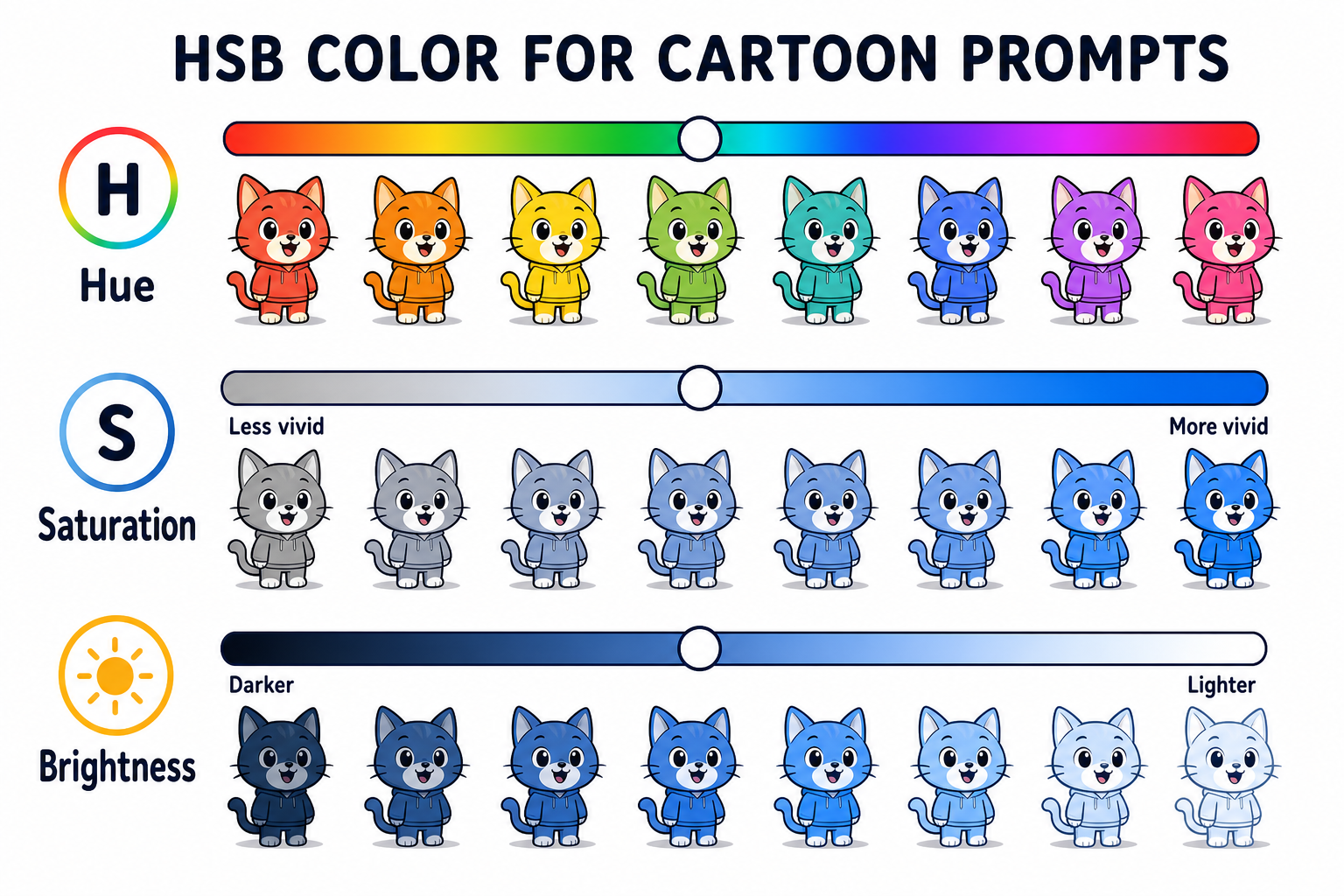 An HSB color explanation graphic showing hue, saturation, and brightness controls for cartoon colors