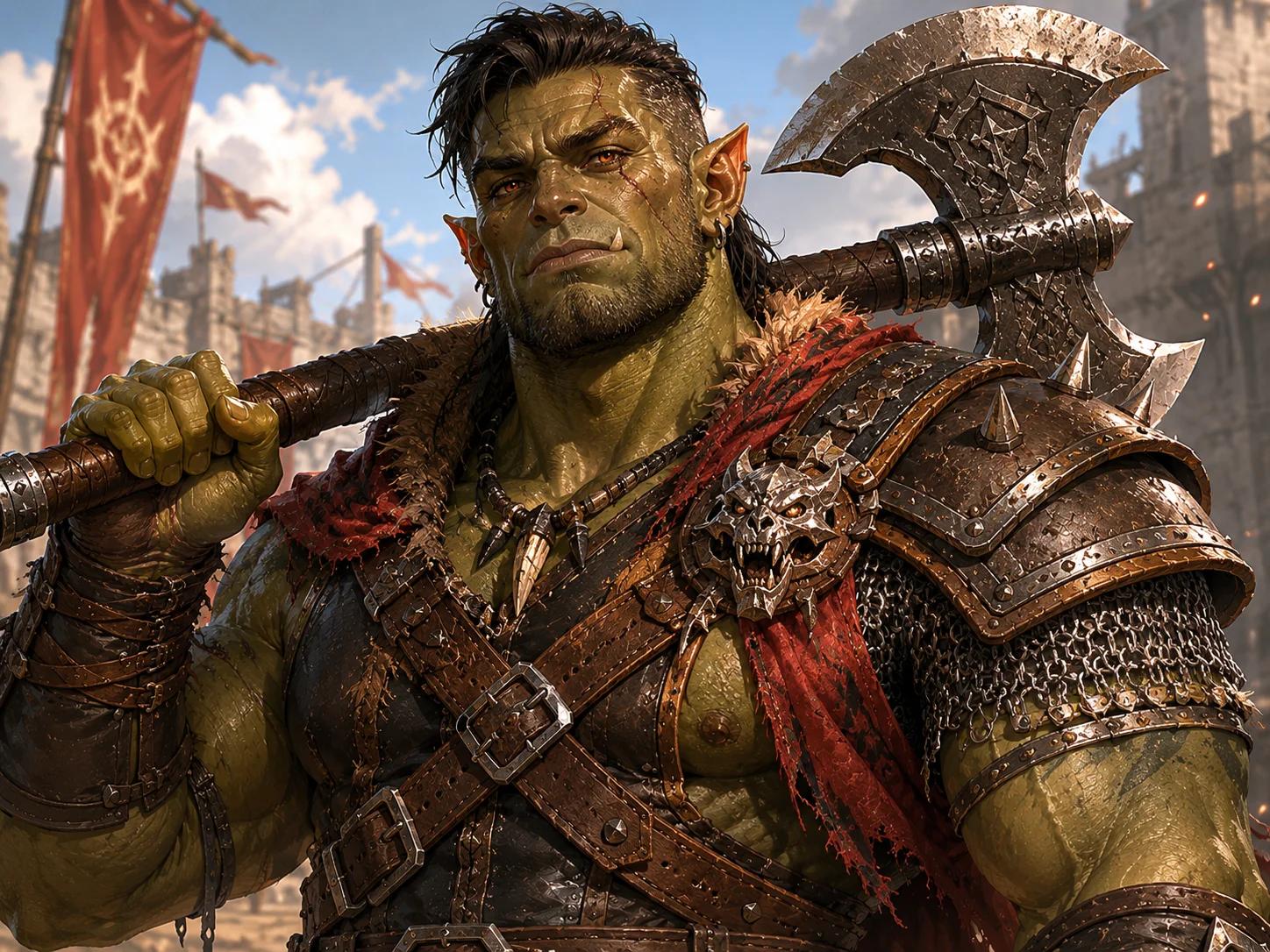 D&D half-orc fighter portrait reference with layered armor, a large axe, and a strong readable face