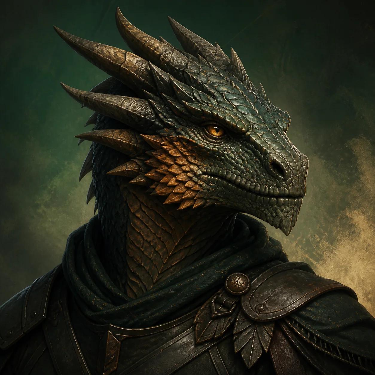 Original D&D dragonborn portrait with layered green scales, horn crown, and bronze armor