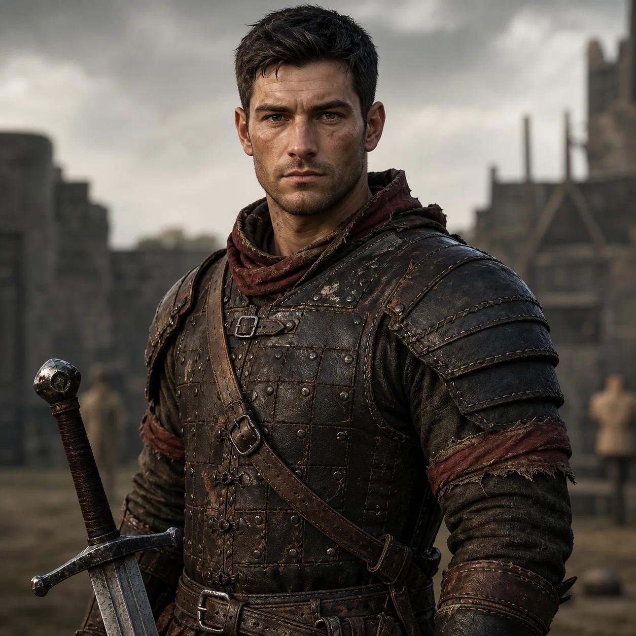 Original D&D human fighter upper-body portrait with worn brigandine armor, a longsword, battle marks, and a clear face