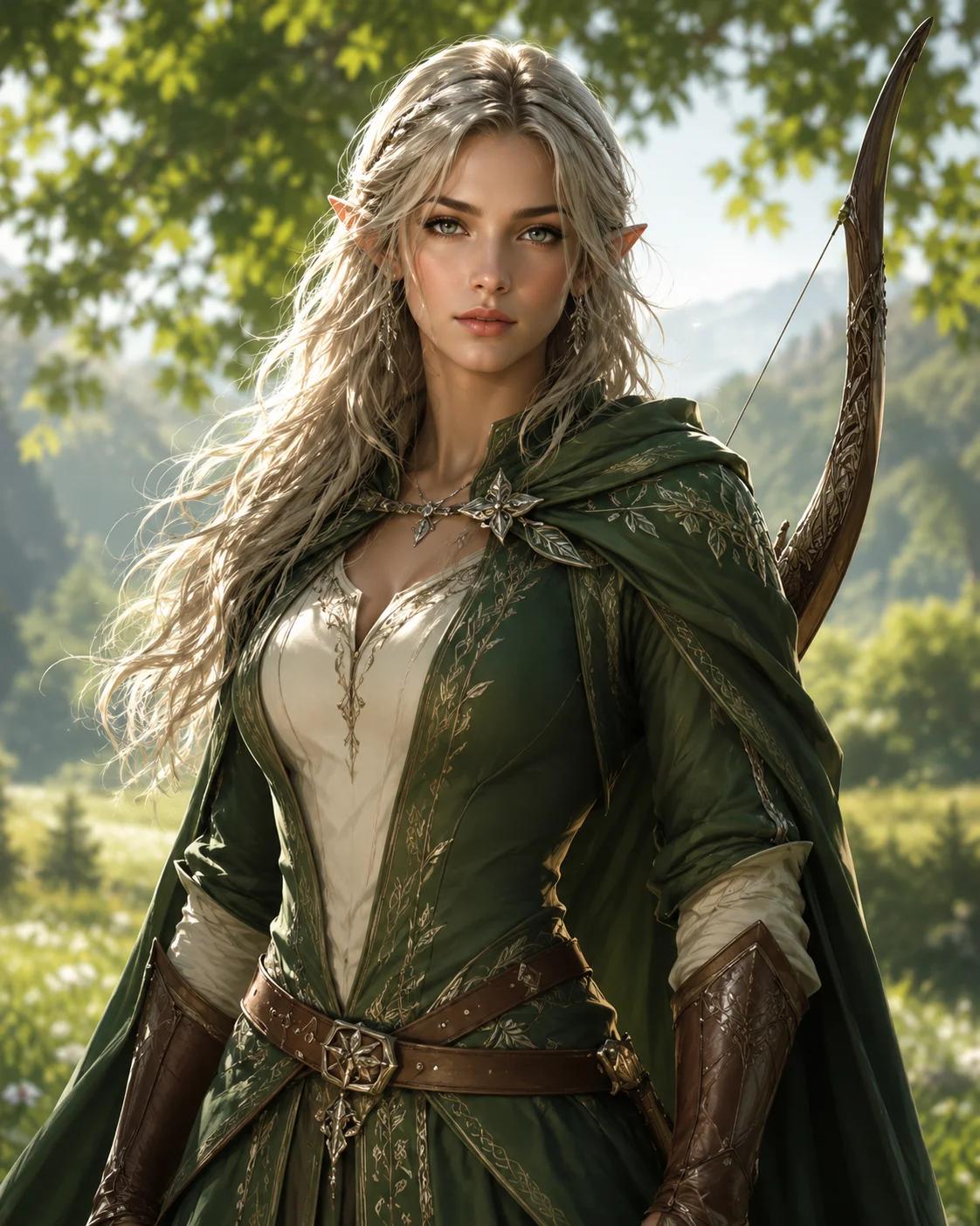 D&D Half-Elf ranger portrait reference with visible pointed ears, green cloak, and bow