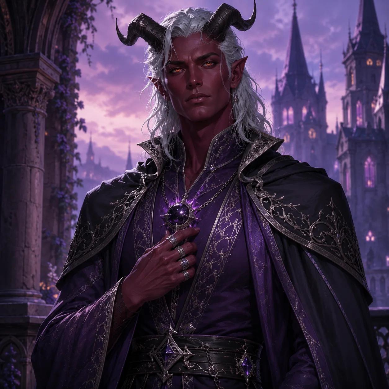 D&D Tiefling Warlock portrait reference with horns, dark clothing, and a controlled magical atmosphere