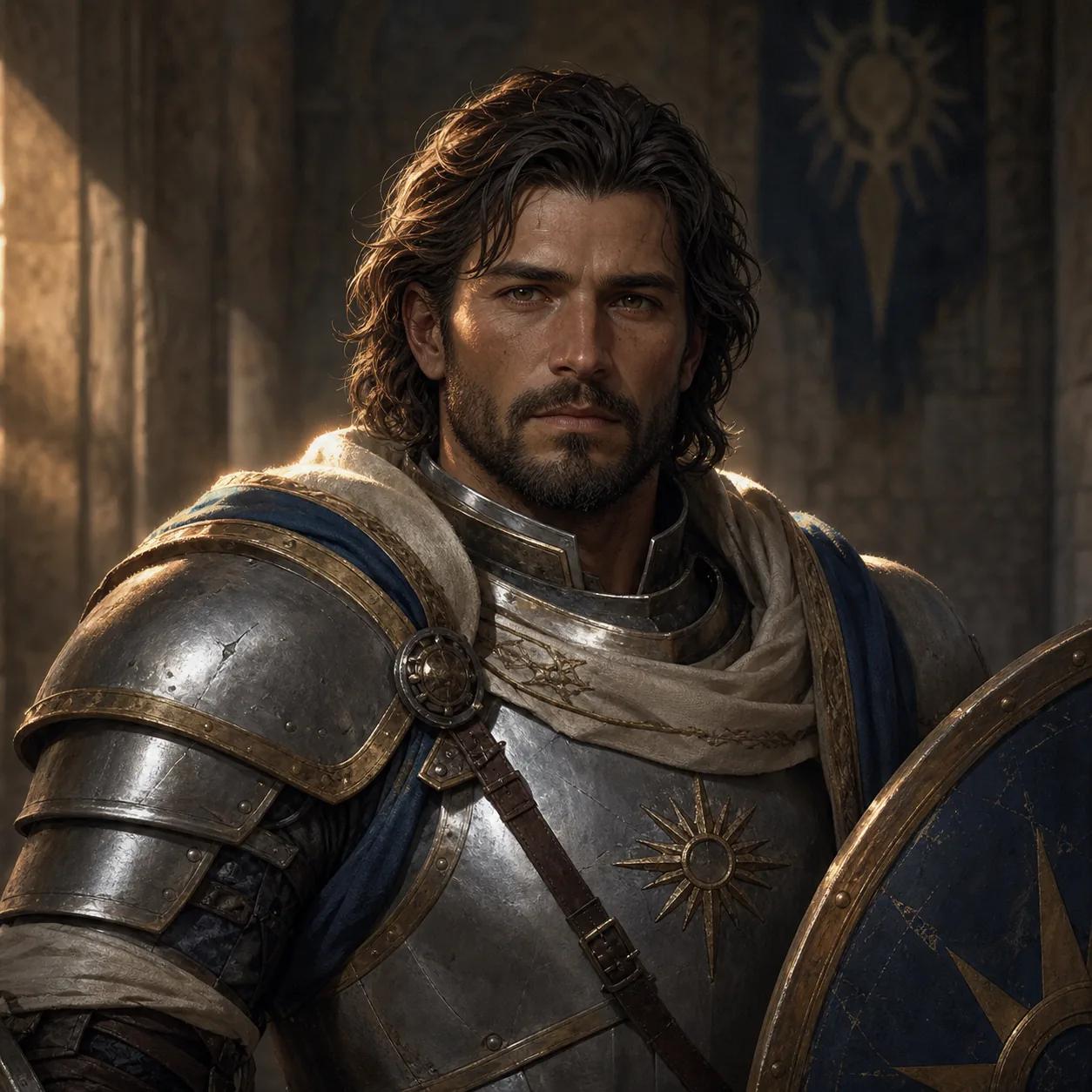 Original D&D human paladin upper-body portrait with worn silver plate armor, a blue shield, and restrained golden light