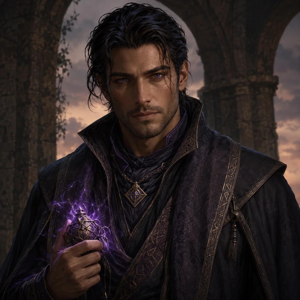 Original human D&D Warlock upper-body illustration with a readable face, pendant, ornate pact focus, and restrained violet light