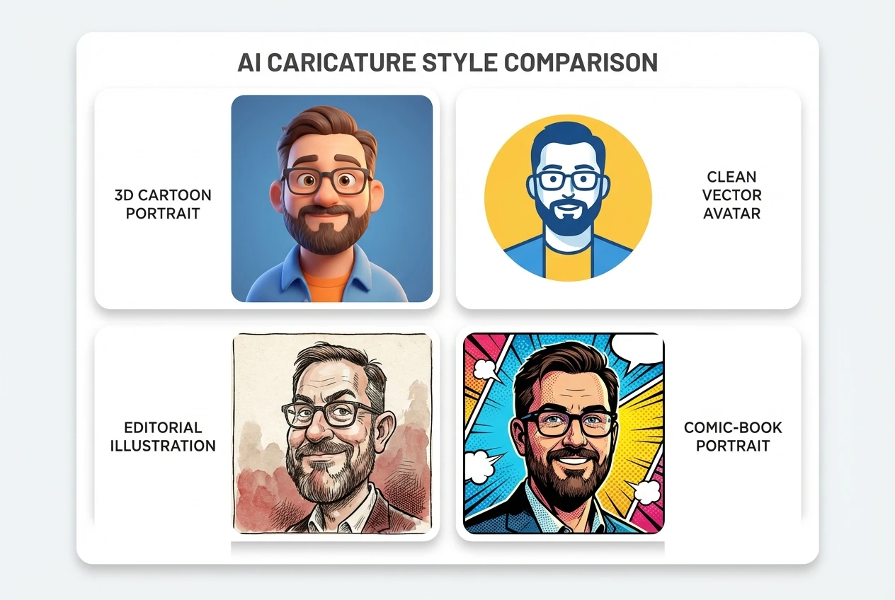 AI caricature style comparison grid for one subject across four visual styles
