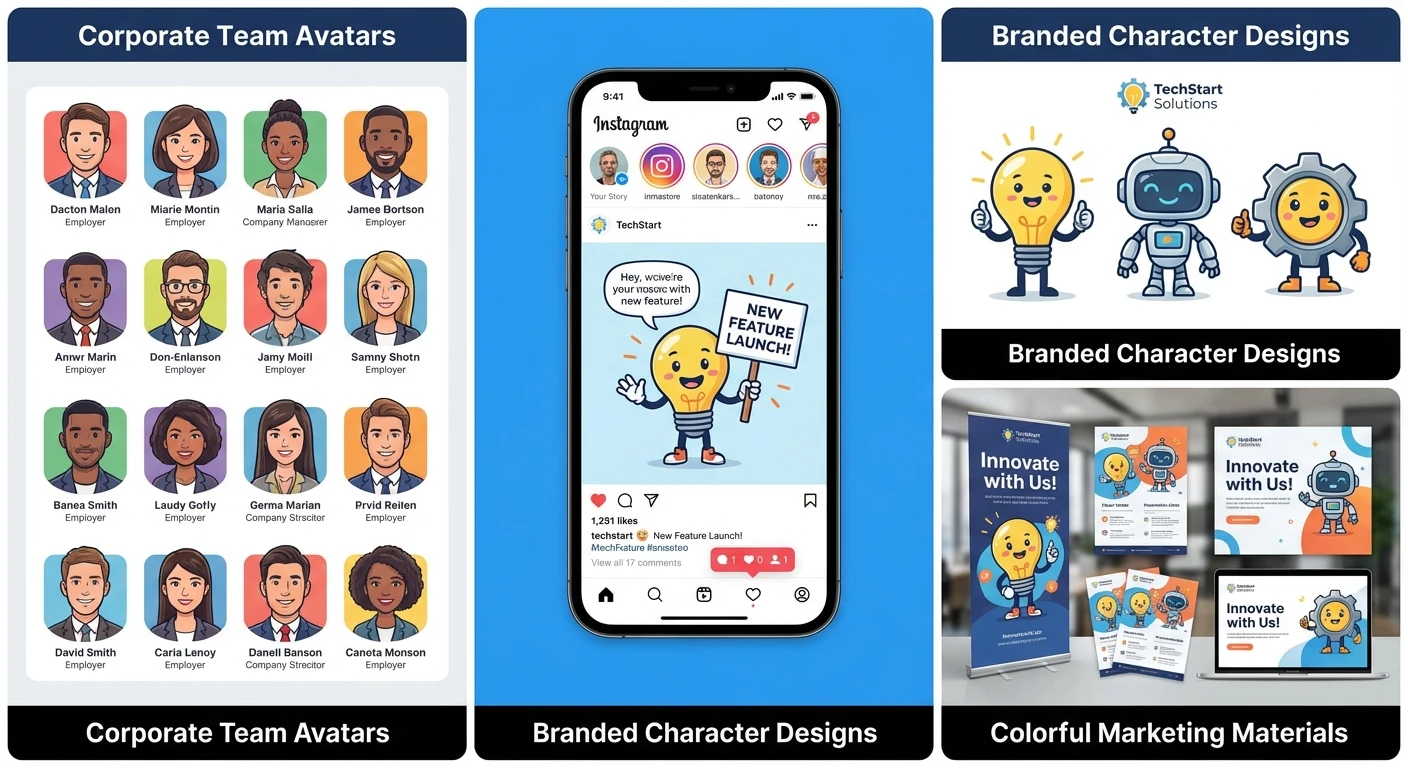 Brand marketing with AI caricature - corporate and promotional examples