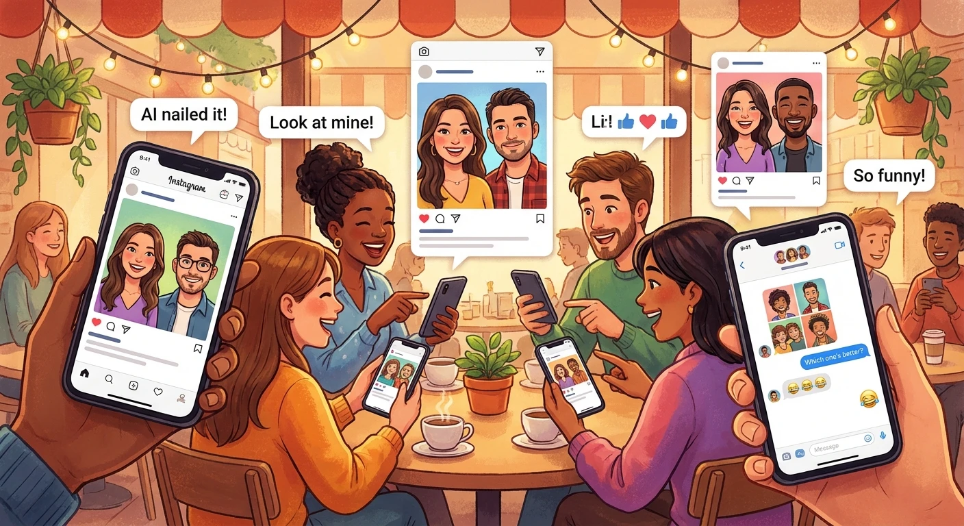 Social sharing of AI caricature - people interacting with cartoon avatars on their phones