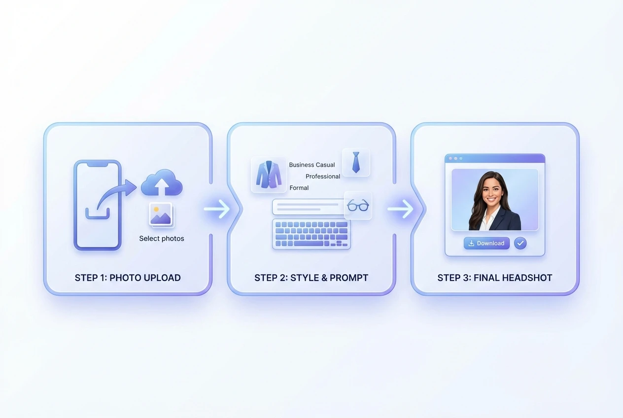 AI Headshot Generator workflow: upload photo, enter prompt, download professional headshot