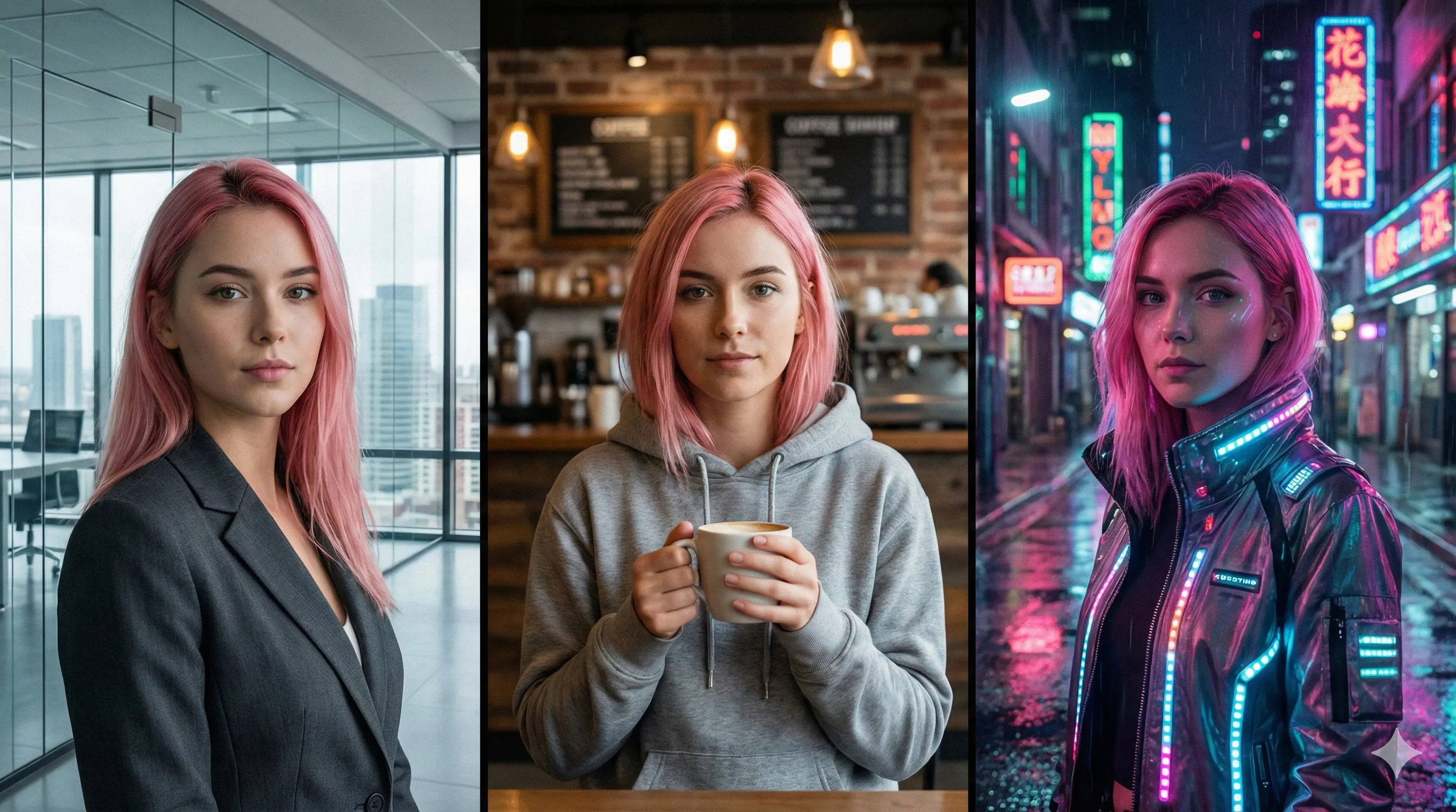 A comparison of three AI-generated images of the same female virtual influencer: one in a business suit, one in casual streetwear, and one in a cyberpunk setting, created with Nano Banana Pro.