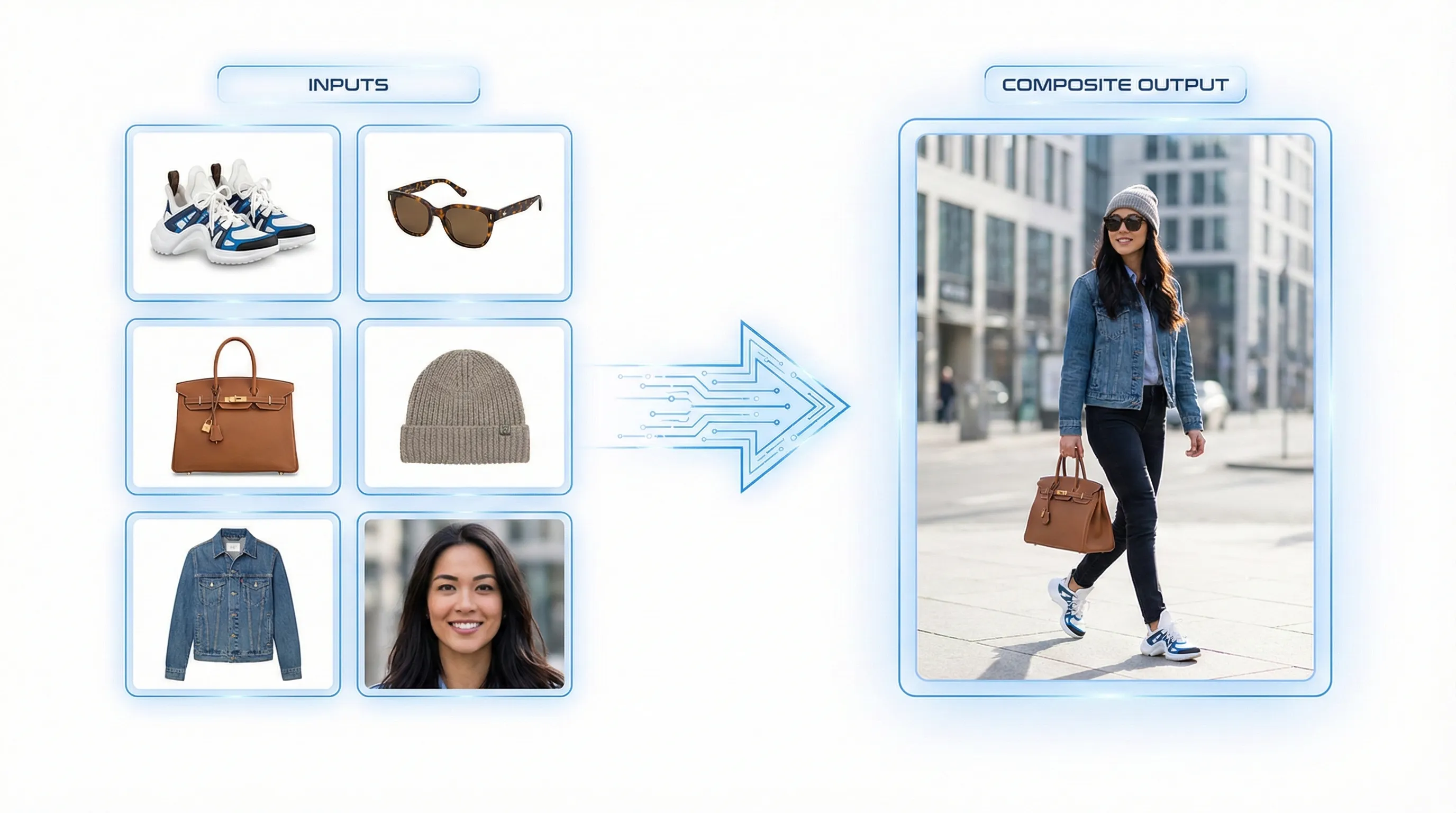 A stylish AI-generated fashion portrait showing a virtual influencer wearing a detailed designer coat, demonstrating the outfit swap capability.