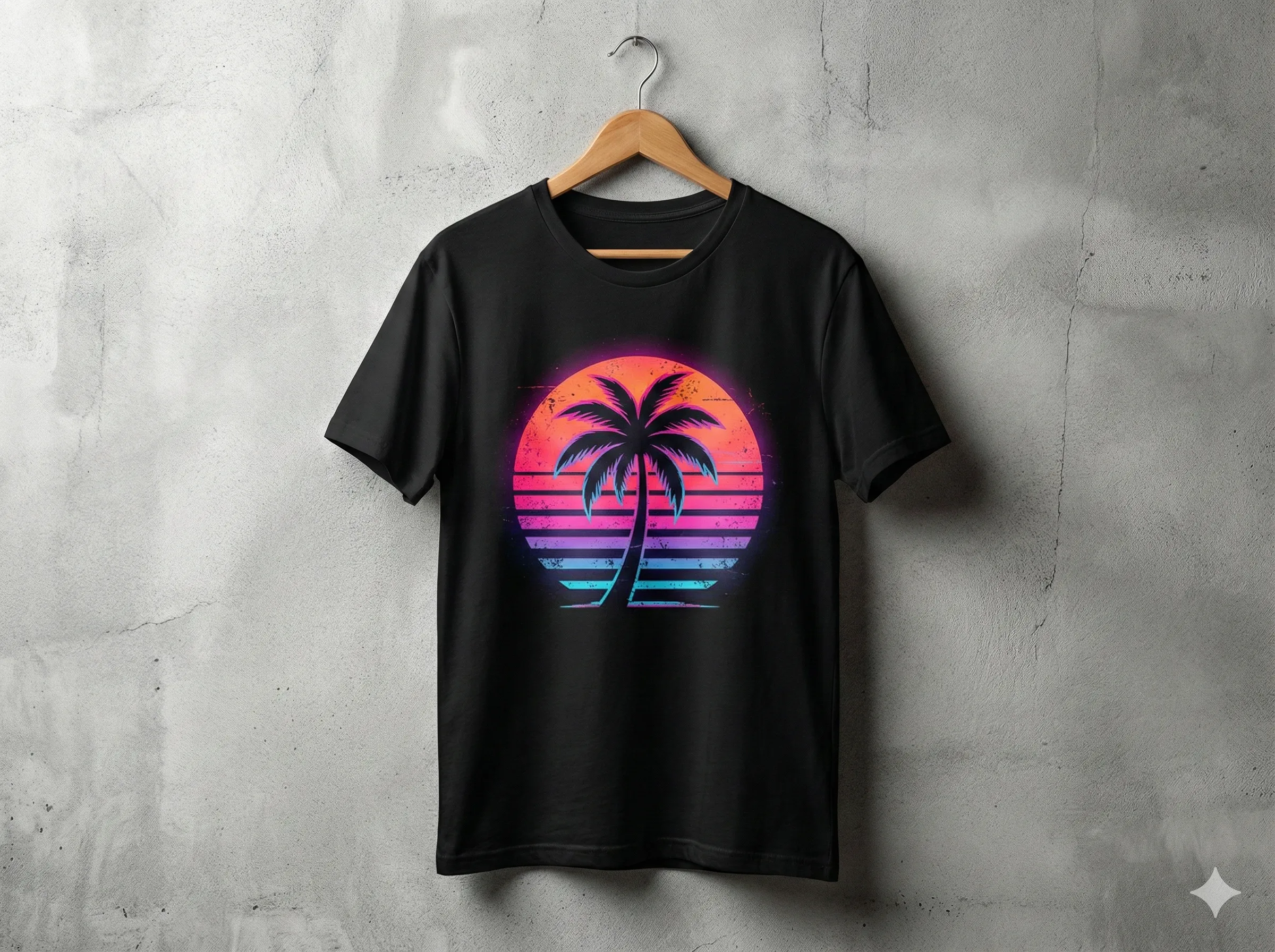 A high-quality mockup of a black t-shirt featuring a retro 80s sunset and palm tree vector design created with Nano Banana Pro.