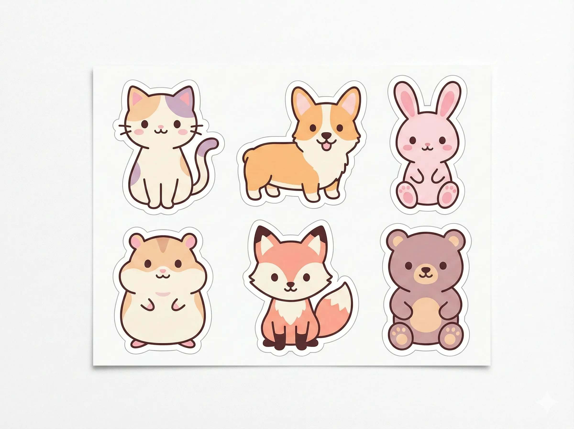 A sticker sheet featuring various cute kawaii-style animals like cats, dogs, and rabbits, all with white borders on a clean background, generated by Nano Banana Pro.