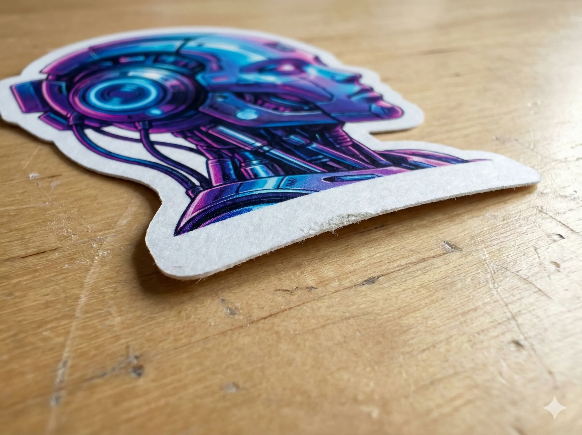 A close-up macro shot of a single die-cut sticker of a cyberpunk robot head, showing the clean white border and sharp vector lines, resting on a wooden table.
