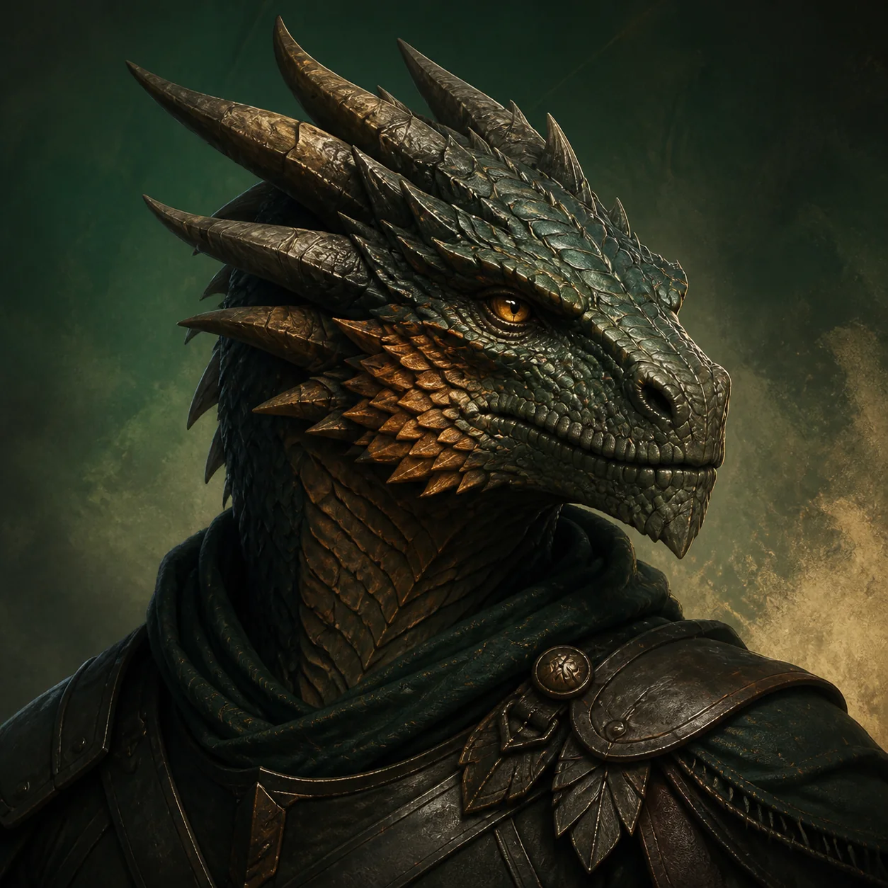 Original D&D dragonborn portrait with layered green scales, horn crown, and bronze armor