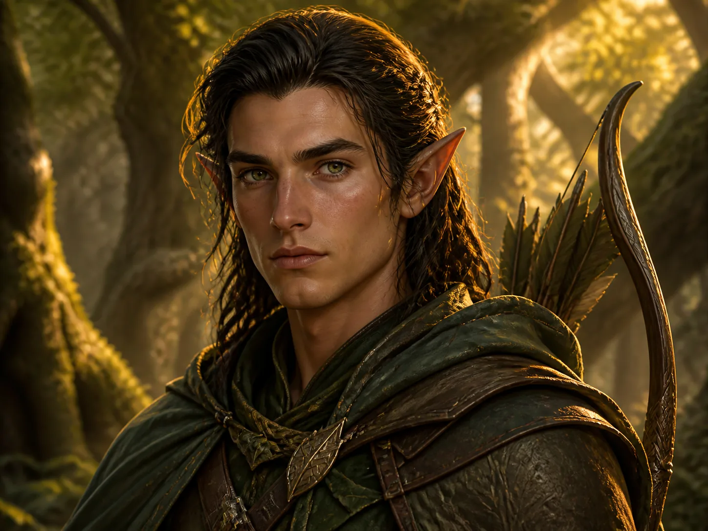 Elf ranger D&D portrait example with pointed ears and bow