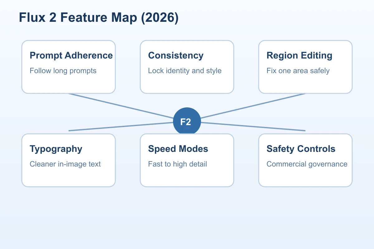 Flux 2 2026 feature map infographic covering six major updates