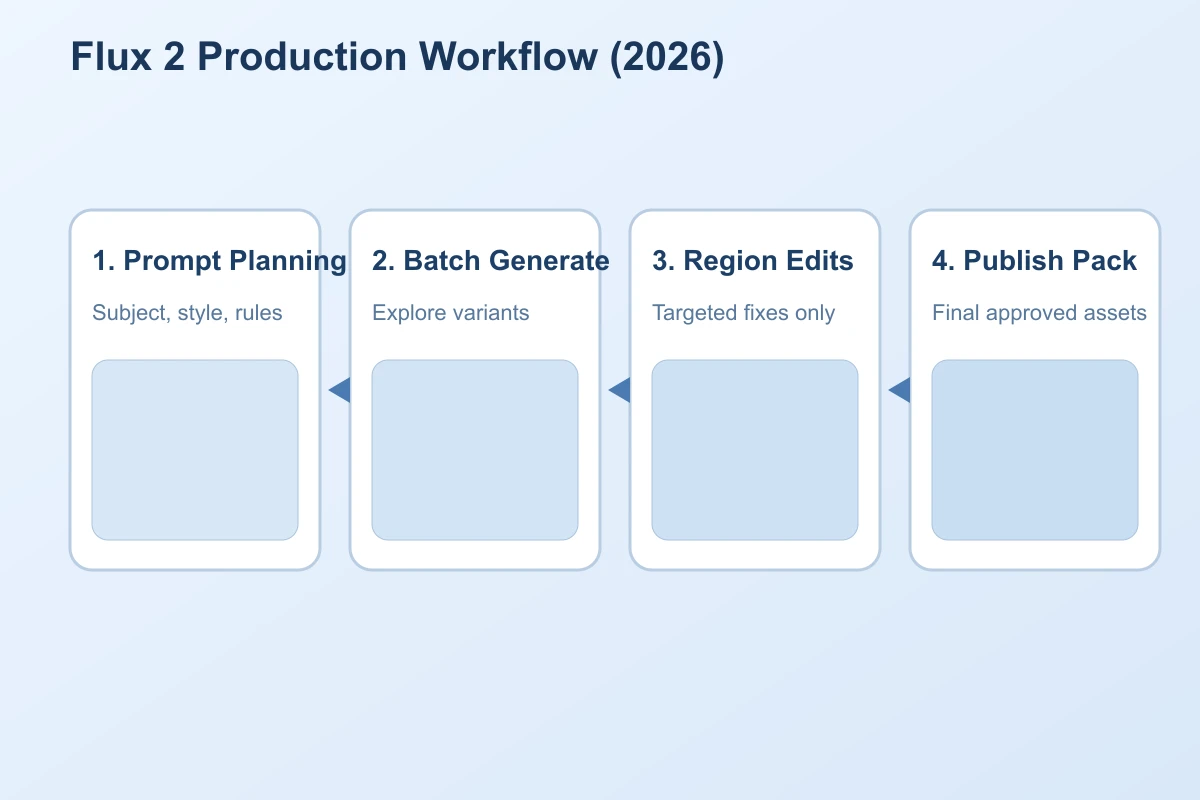Flux 2 production workflow in 2026 with planning generation edit and publish stages