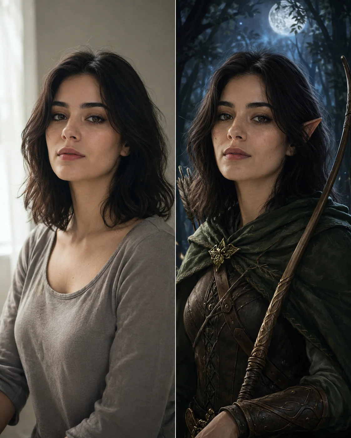 Before and after photo transformed into a D&D half-elf ranger avatar