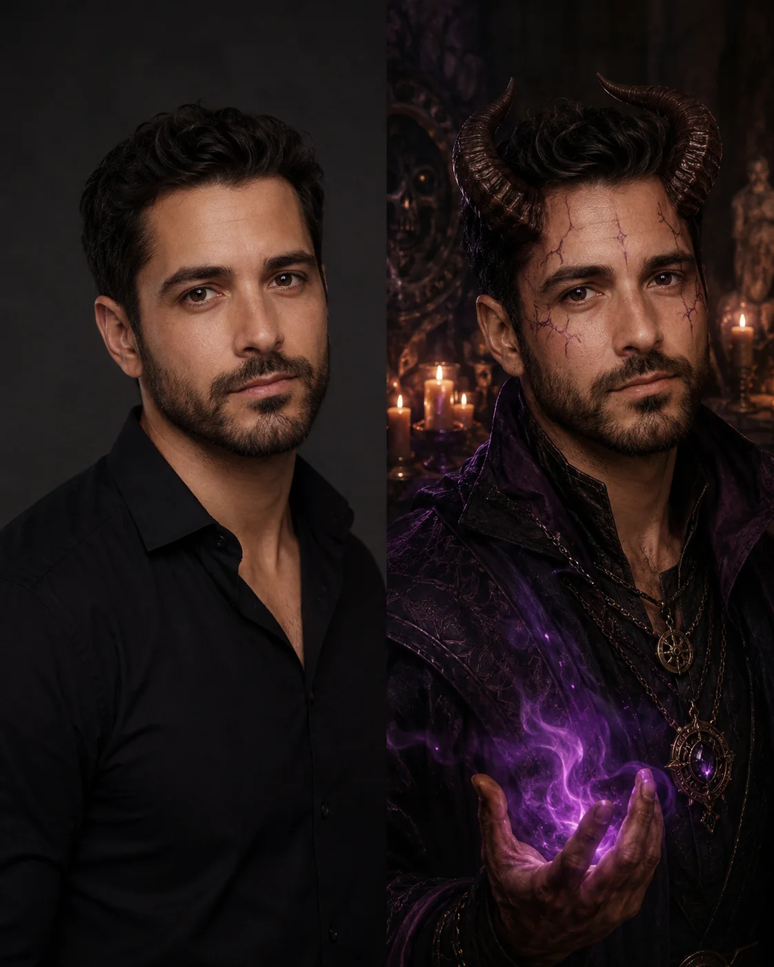 Before and after photo transformed into a D&D tiefling warlock avatar